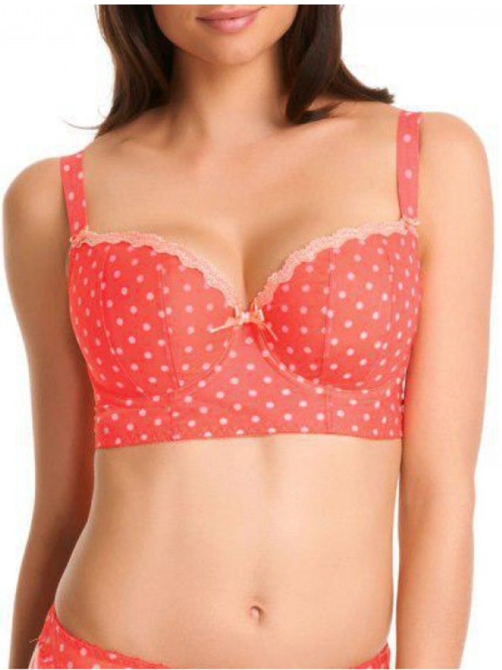 Freya Patsy Coral Polka Dot Longline Padded Bra AA1222 Lace Trim Underwire 36C
